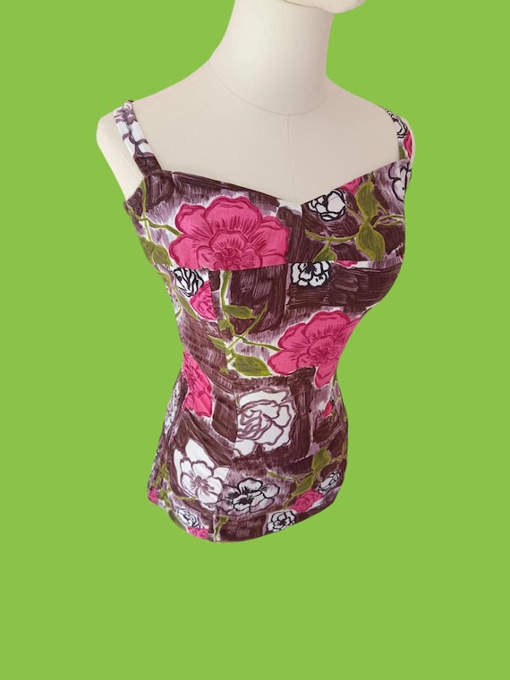 1950s Rosie Ravishing Rose Swimsuit / Vintage 50s Flower Cotton Bombshell Bathing Suit