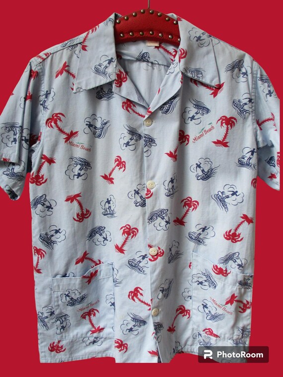 1950s Mick Marvellous Miami Beach Shirt / Vintage 50s Light Blue 