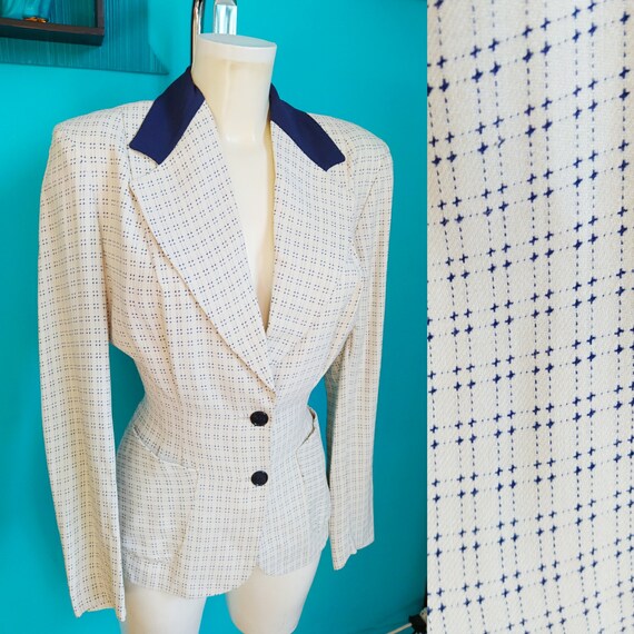 Incredible Vintage 1940s 40s White & Navy Blue Fle
