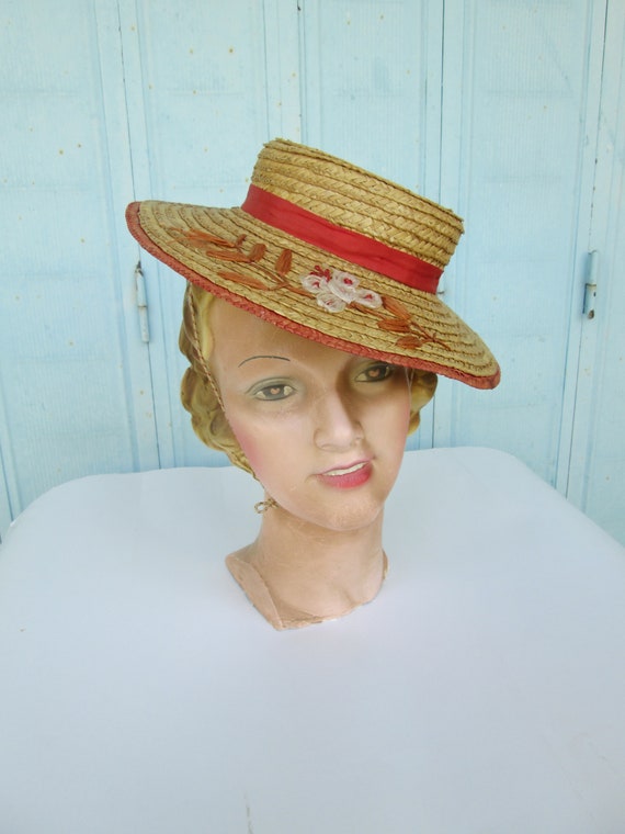 1930s Bernice Beautiful Boater / Vintage 30s French Woven Straw Tilt Sun Women Hat + Gros Grain Ribbon + Flower Embroideries View 5