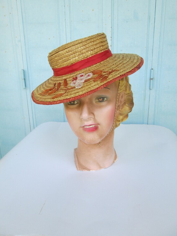 1930s Bernice Beautiful Boater / Vintage 30s French Woven Straw Tilt Sun Women Hat + Gros Grain Ribbon + Flower Embroideries View 4