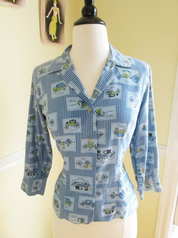 1950s Norma Novelty Cars Shirt / Vintage 50s Blue 