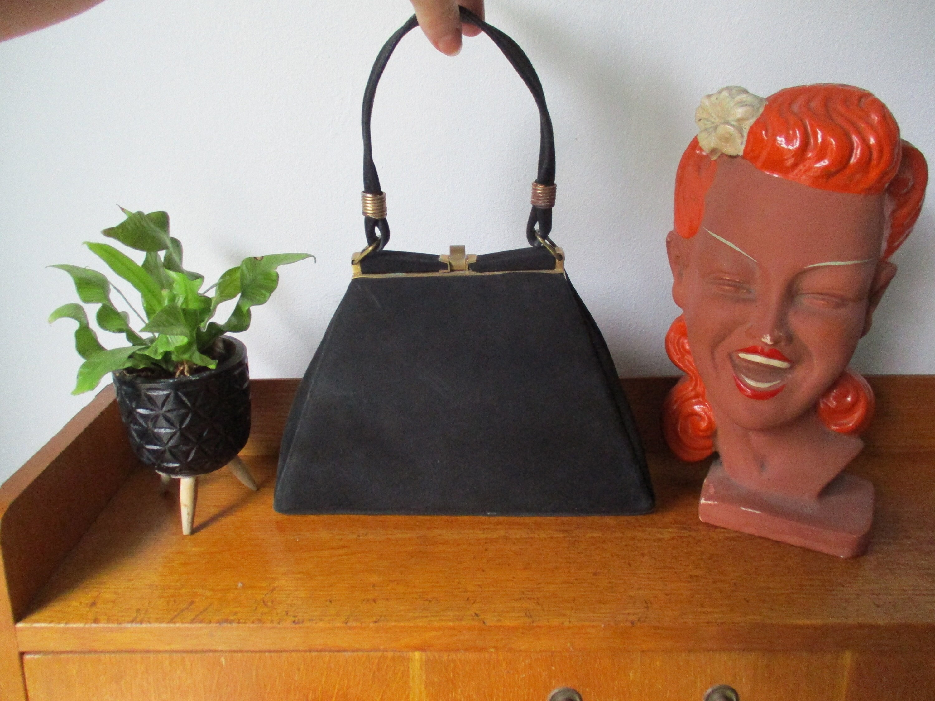 40’s French vintage handbag 1940s Finest French Art Deco Handbag / Vintage 40s Ink Black