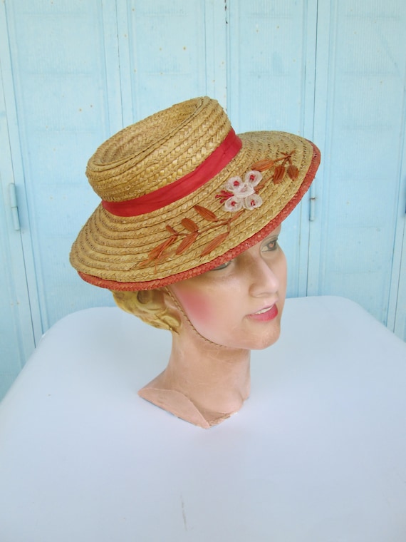 1930s Bernice Beautiful Boater / Vintage 30s French Woven Straw Tilt Sun Women Hat + Gros Grain Ribbon + Flower Embroideries View 6