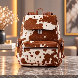 May include: A backpack featuring a brown and white cow print pattern with a textured hair-on-hide appearance. The bag includes a top flap, a large front zippered pocket, two side zippered pockets, and silver-toned metal hardware zippers.
