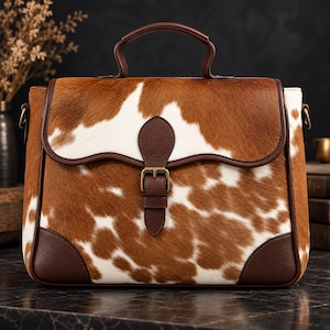 May include: A satchel bag featuring a brown and white cowhide pattern with dark brown leather trim, a top handle, and a central front flap secured by a dark brown leather strap with a brass-toned metal buckle closure and reinforced corners.