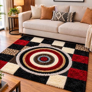 May include: A rectangular area rug featuring a central circular target pattern in red, white, black, and brown. The surrounding border consists of a checkered grid pattern in black, white, red, and leopard print squares with a shaggy texture.