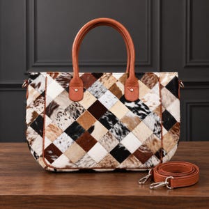 May include: A handbag featuring a patchwork design of diamond-shaped cowhide panels in shades of brown, black, white, and tan. The bag includes two tan leather top handles, tan leather trim, and a detachable, adjustable tan leather shoulder strap.