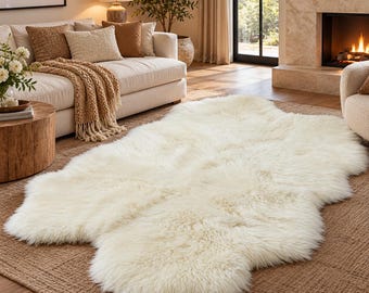 Tappeto in vera pelle di pecora, 122 x 183 cm, avorio, bianco, grande, in lana e pelliccia.