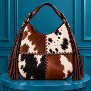 May include: A hobo-style handbag featuring a patchwork design of brown, black, and white cowhide fur. The bag includes long brown leather fringe on both sides, a brown leather handle with gold-tone hardware, and a central whipstitch detail.