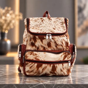 May include: A backpack featuring a brown and white cowhide pattern with a textured fur-like appearance. The bag includes a top flap, a large front pocket, and two side pockets, all secured with dark brown zippers and silver-toned metal zipper pulls.