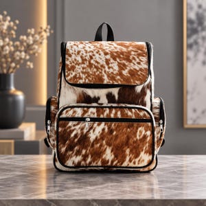 May include: A backpack featuring a brown and white cowhide pattern with a textured fur-like appearance. The bag includes a top flap, a large front zippered pocket, and two side pockets, all accented with black trim and silver-toned metal zippers.