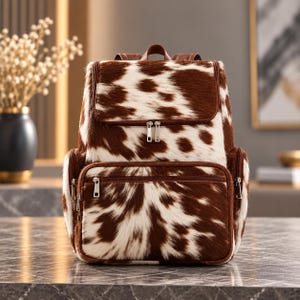 May include: A backpack featuring a brown and white cow print pattern with a textured, hair-on-hide appearance. The bag includes a top flap, a large front zippered pocket, two side zippered pockets, and brown leather-like straps and trim.