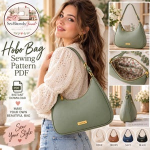 Peut inclure: Un sac hobo vert sauge avec une bandoulière unique, des détails dorés et une plaque logo rectangulaire. L'intérieur est doté d'une doublure en tissu floral. Le sac est présenté sous plusieurs angles et en beige, marron, bleu marine et noir.