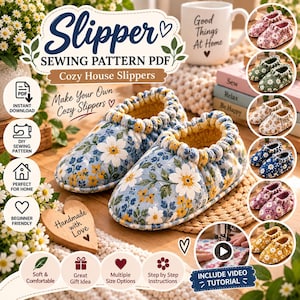 May include: A digital sewing pattern for house slippers featuring a blue floral fabric with white and yellow daisies. The image displays the finished slippers, a heart-shaped wooden sign, and smaller circular thumbnails showing various colour options.