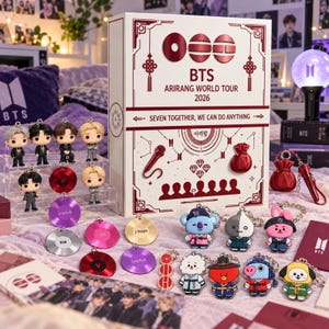 May include: A white rectangular box featuring red BTS Arirang World Tour 2026 branding, surrounded by various character keychains, circular metallic discs with names, and small figurines. The box displays the text Seven Together, We Can Do Anything.