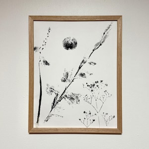 May include: A framed wall art piece featuring a black ink botanical print on a white background. The artwork displays various plant silhouettes, including stems, leaves, and a circular seed pod, all enclosed in a light-toned wooden frame.