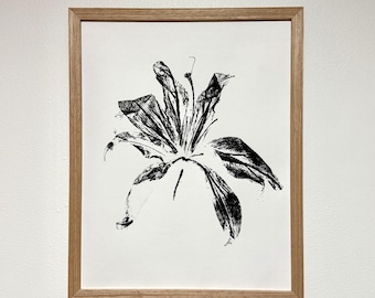 May include: A framed wall art piece featuring a black ink botanical print of a lily flower on a white background. The artwork is enclosed in a light-toned wooden frame with a simple, clean profile, showcasing a high-contrast floral design.