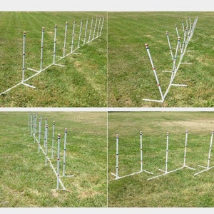 May include: A set of 12 white agility hurdles with red and blue accents. The hurdles are set up in a line on a grassy field.