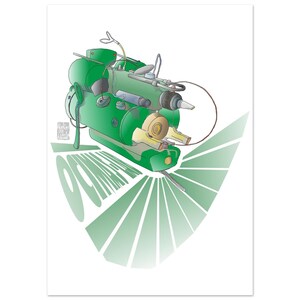 Könnte beinhalten: Eine digitale Illustration eines grünen mechanischen Geräts mit verschiedenen metallischen Komponenten, Drähten und einer Düse. Das Bild zeigt eine stilisierte grüne fächerförmige Grafik unter der Maschine und den Text OCMAPUR in einer fetten, geschwungenen Schrift.