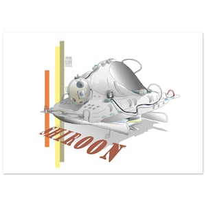 May include: A digital illustration of a white, futuristic, saucer-shaped vehicle with a large, dark, curved windscreen and a circular side port. The word SHIROON is printed in large, bold, brown letters below the vehicle, next to vertical orange and yellow bars.