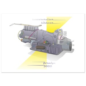 May include: A digital illustration of a mechanical device in shades of gray and purple, featuring complex components, wires, and a metallic finish. The text "hoovercruiser hildover" and "formiga 3000" is printed in a stylized font against a yellow background.