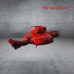 May include: A bright red, multi-component mechanical object featuring cylindrical tanks, interconnected tubing, and a flared nozzle, with the text "the red eraser" displayed above and "BOMBEIROS" printed on the side of the central body.