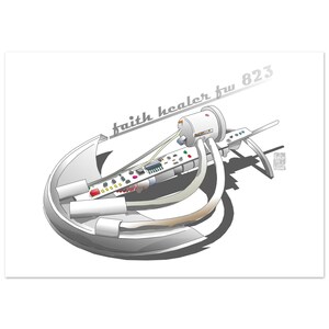 May include: A digital illustration of a mechanical device labelled faith healer fw 823. The object features a curved white base, a central circuit board with various coloured components, and a cylindrical motor connected by grey tubes and wires.