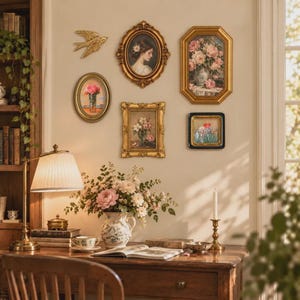 Puede incluir: Una pared de galería con cuatro cuadros enmarcados y una escultura de pared de un pájaro dorado. La colección incluye marcos dorados ovalados, rectangulares y octogonales con retratos y bodegones florales, junto a una pieza con marco negro.