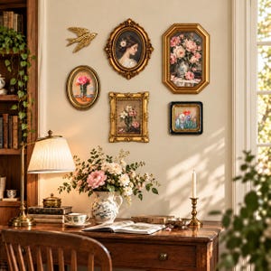 Puede incluir: Una pared de galería con cuatro pinturas enmarcadas y una escultura de pared de un pájaro dorado. La colección incluye bodegones florales y un retrato, dispuestos sobre un escritorio de madera con una lámpara, un jarrón y libros.