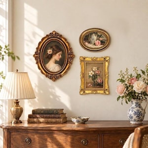 Puede incluir: Tres cuadros de pared con un retrato, un bodegón floral y un paisaje, expuestos sobre una cómoda de madera con una lámpara de mesa, una pila de libros, un pequeño cuenco decorativo y un jarrón con motivos florales azules y blancos.