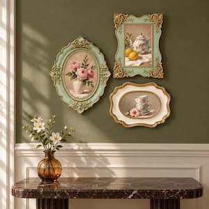 Puede incluir: Tres marcos de pared con detalles ornamentados en dorado y verde claro. Un marco ovalado muestra flores rosas en un jarrón, un marco rectangular muestra una tetera con limones y un marco ovalado más pequeño muestra tazas apiladas con una flor rosa.