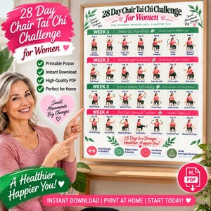 May include: A 28-day chair Tai Chi challenge poster featuring a grid of daily exercise illustrations for four weeks. The chart includes text headers for each week, specific movement names for each day, and decorative leaf and heart graphics.