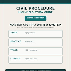 May include: A California Bar Civil Procedure high-yield study guide in a digital PDF format. The document features a dark teal header and accents, with white text boxes outlining a four-step system: Study high-yield rules, Practice essay attacks, Track MBE and essay errors, and Correct repeat weak rules.