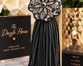 Midnight Glam Tassel Earrings: Smoky Crystal Flower, Rhinestone Accents