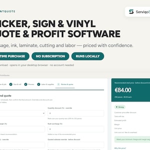 Può includere: Un'interfaccia software digitale per preventivi di adesivi, insegne e vinili. Lo schermo mostra una dashboard di revisione e preventivo con campi per la modalità di prezzo, il margine di profitto e gli sconti, con un prezzo di €84,00.