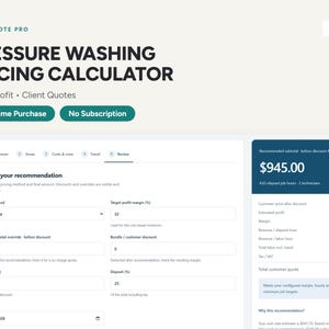 May include: A digital interface for the WashQuote Pro pressure washing pricing calculator. The screen displays a review section with input fields for pricing methods, profit margins, tax, and deposits, alongside a summary of job costs and quotes.