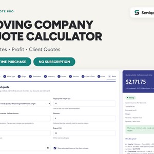 Puede incluir: Una interfaz digital para la calculadora de presupuestos de empresas de mudanzas MoveQuote Pro de ServiqoStudio. La pantalla muestra un formulario de revisión con campos para métodos de precios, márgenes de beneficio e impuestos, y un resumen de 2.171,75.