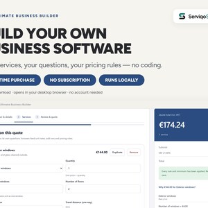 May include: A digital software interface titled Ultimate Business Builder for creating business tools without coding. The screen displays a quote generator with fields for services, quantities, and pricing, showing a total of €174.24 in a browser window.