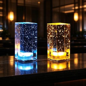 May include: Two rectangular acrylic lamps with internal bubble patterns. One lamp emits a cool blue light, while the other emits a warm yellow light. Both lamps feature a clear, block-like structure with a light source at the base, creating a glowing effect.