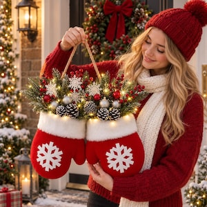 Pode incluir: Um par de luvas de feltro vermelho com aplicações de flocos de neve brancos e punhos de pele sintética branca, unidas por uma corda de juta. As luvas contêm ramos de pinheiro, pinhas, bagas vermelhas, ornamentos prateados e luzes LED.