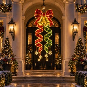 Könnte beinhalten: Eine große, beleuchtete Weihnachtsdekoration mit einer leuchtend roten Schleife an der Spitze, zwei goldenen Glocken und zwei langen, spiralförmigen Bändern in Rot und Grün. Das Design umfasst hängende Schneeflocken- und Sternakzente mit LED-Licht.