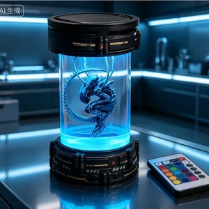 May include: A cylindrical display lamp featuring a black base and top with metallic accents, containing a blue-lit alien creature figurine suspended in a clear tube. The lamp is accompanied by a small rectangular remote control with coloured buttons.