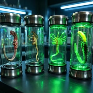 May include: Four cylindrical glass containers with metallic silver caps and bases, each illuminated with a vibrant green light. Inside each vessel is a distinct, detailed creature specimen, including a segmented tail, a spider-like form, and a glowing organism.