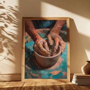 May include: A framed wall art print depicting a pair of hands covered in wet brown clay, actively shaping a cylindrical vessel on a pottery wheel. The artwork features a vibrant color palette of deep teal, earthy brown, and muted orange tones.
