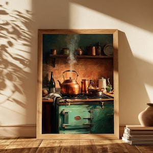 May include: A framed wall art print depicting a kitchen scene with a teal vintage stove, a steaming copper kettle, and various cookware. The painting features warm lighting, a tiled backsplash, and shelves filled with kitchen items in a rustic setting.