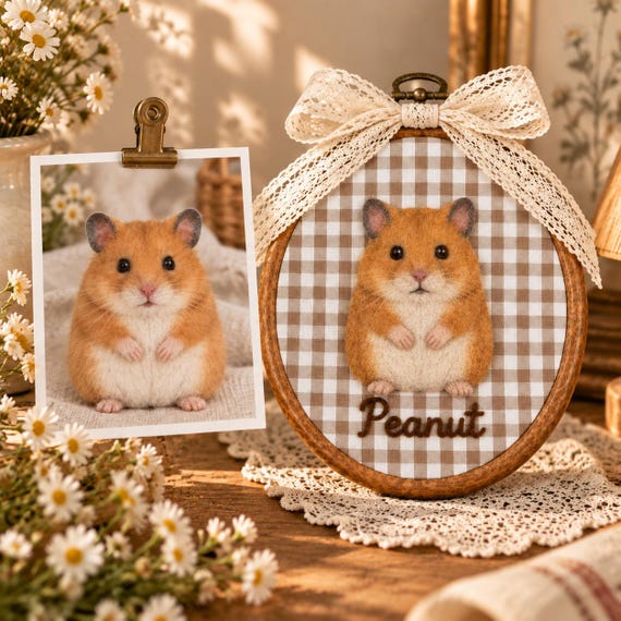 A real artist hand-felts a tiny portrait of YOUR hamster from a photo — impossibly niche, absurdly charming, and guaranteed to cause a meltdown.