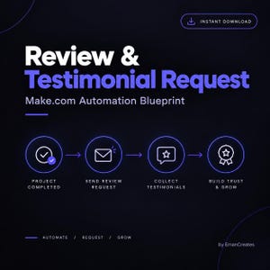 May include: A digital graphic titled Review & Testimonial Request Make.com Automation Blueprint. It features a four-step process flow with icons for project completed, send review request, collect testimonials, and build trust & grow.