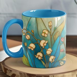 Stained Glass Lily of the Valley Mug Watercolor Coffee Cup Outdoor Nature Lover Gift Ceramic Stained Glass Design 15oz or 11oz Sizes, Floral