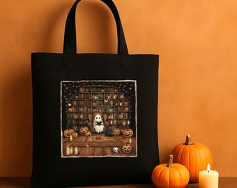 Bolsa de tela retro con fantasmas leyendo libros para Halloween, regalo para profesores